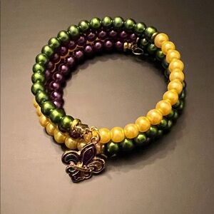 Hand Crafted Mardi Gras Green, Purple, and Yellow Beaded Bracelet